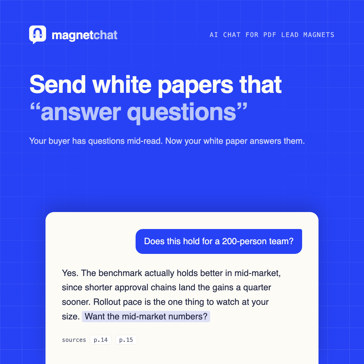 magnetchat beside a white paper: the reader asks whether the benchmark holds for a 200-person team, the white paper answers with page citations and ends with a follow-up question.